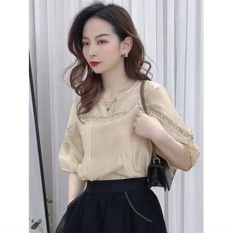 Áo Sơ Mi Chiffon Tay Lửng Phối Ren Dáng Rộng Phong Cách Mới Dành Cho Nữ
