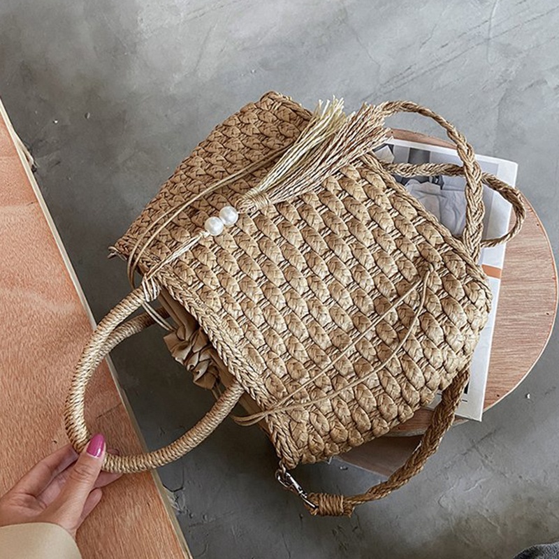 Túi Xách Đan Lát Sức Chứa Lớn Phối Tua Rua Phong Cách Hàn Quốc Cho Nữ