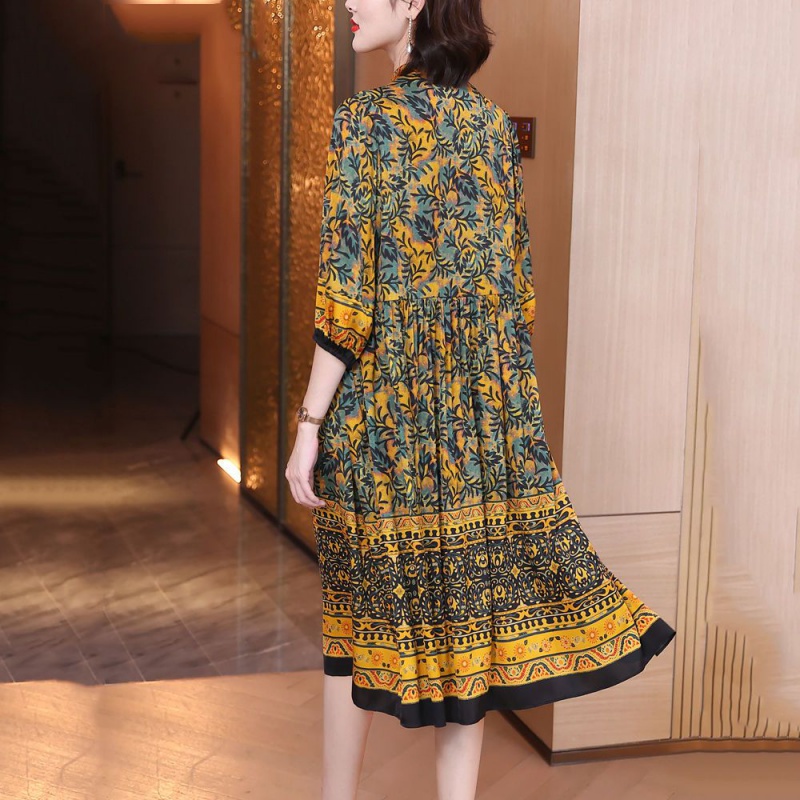 Đầm Lụa Dài Dáng Rộng Màu Sắc Retro Dành Cho Nữ