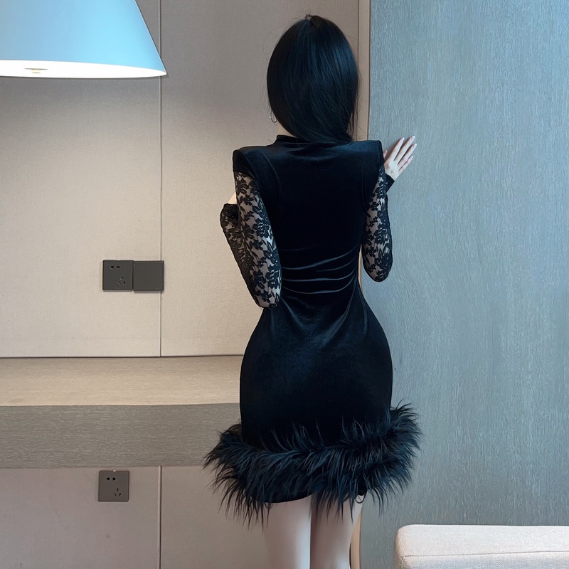 Đầm nhung ren ôm hông tay dài thời trang Âu Mỹ quyến rũ 2023 18YX1357