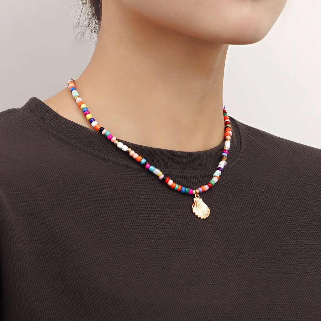 Vòng Cổ Choker Đính Hạt Nhiều Màu Sắc Mặt Hình Vỏ Sò Cỡ Lớn Phong Cách Bohemian Cho Nữ
