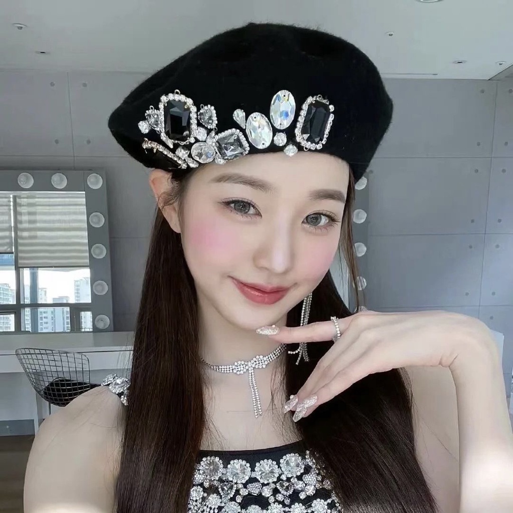 Mũ Beret Len Màu Đen Đính Đá Phong Cách Vintage Thời Trang Kpopive WonYoung