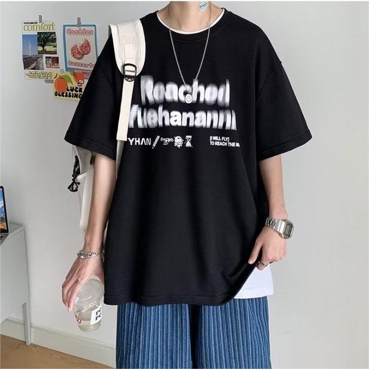 Áo Thun Tay Ngắn Dáng Rộng In Hình Đơn Giản Trẻ Trung Hợp Thời Trang Hè Cho Nam