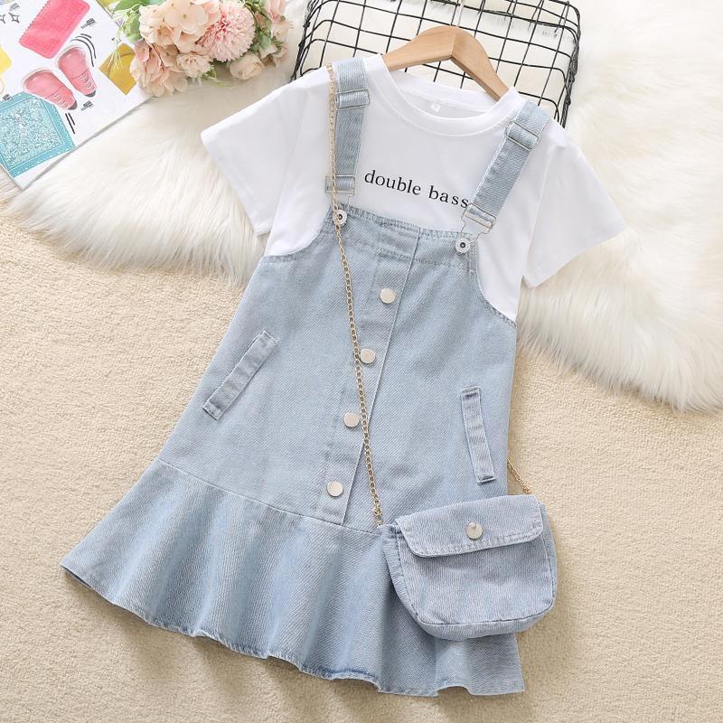 Set Áo Thun Ngắn Tay + Đầm Yếm Denim Thời Trang Mùa Hè Cho Bé Gái 3-5 - 7-9 Tuổi