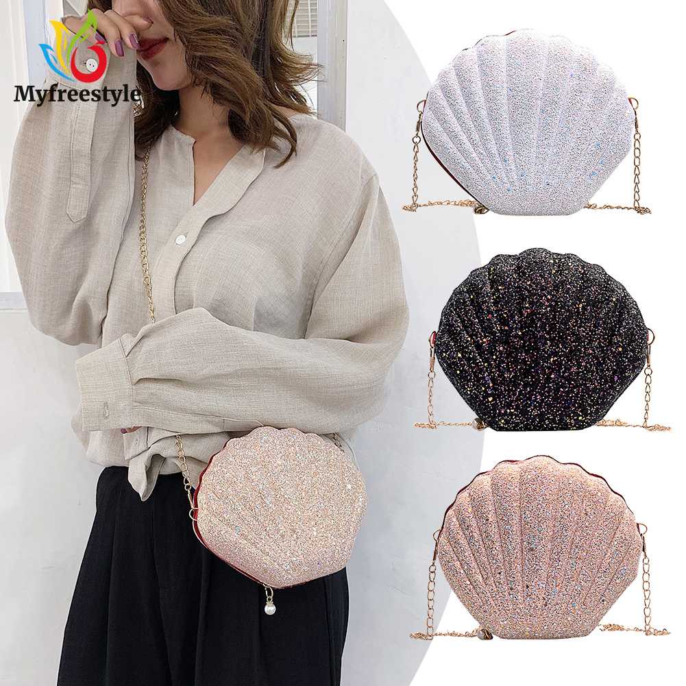 Túi Đeo Chéo Đính Kim Sa Lấp Lánh Hình Vỏ Sò Dễ Thương Kèm Dây Đeo Sợi Xích Thời Trang Cho Nữ