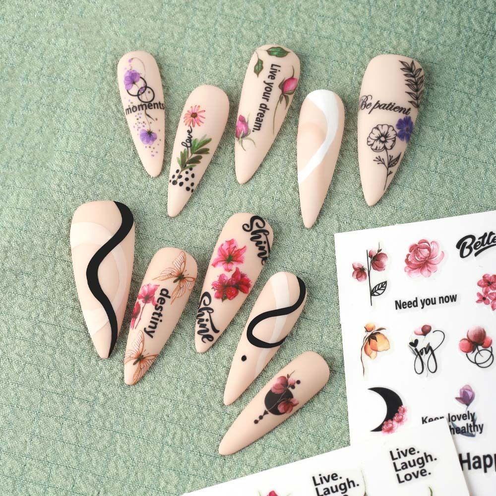 Miếng Dán Trang Trí Móng Tay In Chữ Tiếng Anh / Hoa Hồng / Lá Xinh Xắn Thời Trang