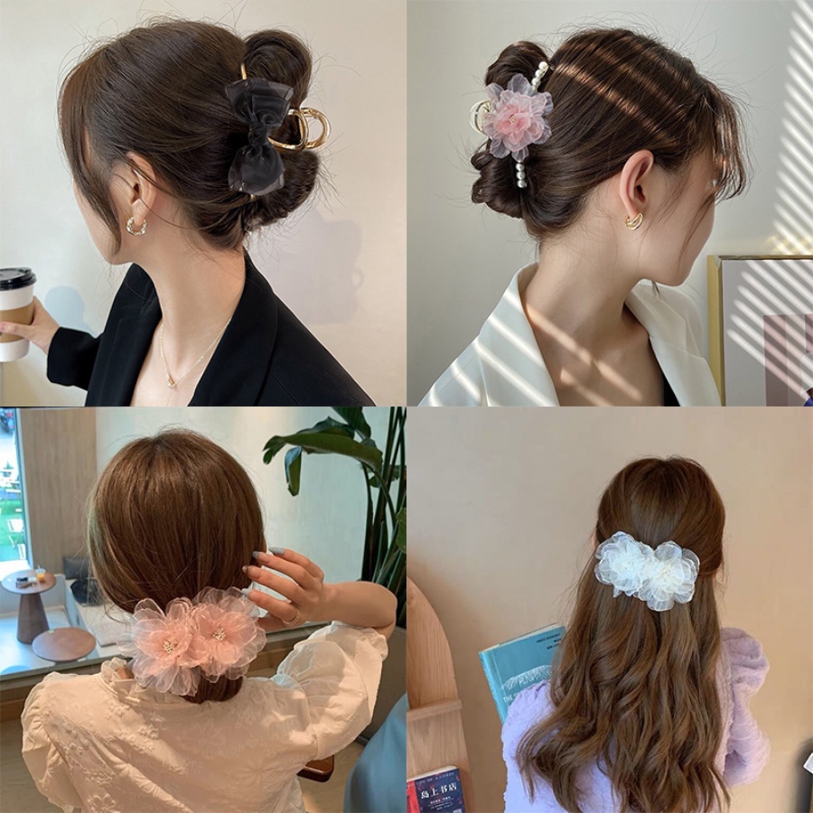 Kẹp Tóc Đuôi Ngựa Hình Nơ Đính Đá &amp; Ngọc Trai Phong Cách Hàn Quốc Thời Trang Cho Nữ