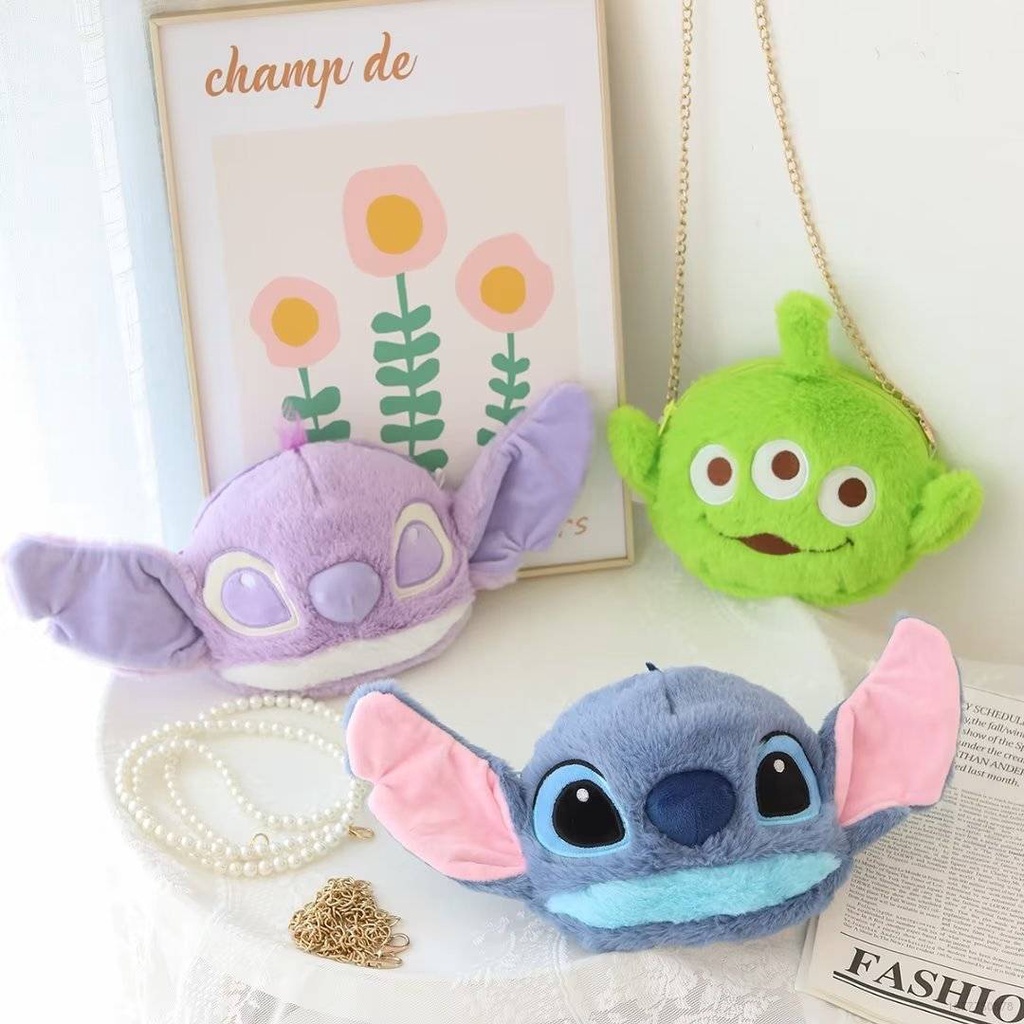 Túi Xách Đeo Vai Nhồi Bông Hình Stitch Phối Dây Xích Kim Loại Đính Ngọc Trai Thời Trang Nữ Đáng Yêu