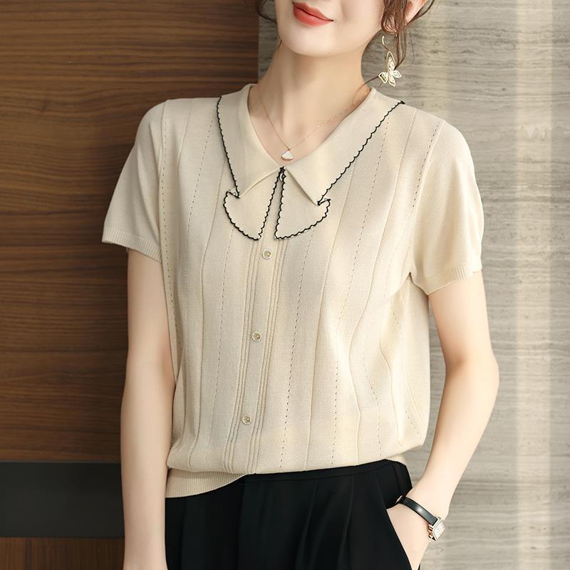 Áo Thun Lụa Lạnh Mỏng Tay Ngắn Cổ Búp Bê Phong Cách Hàn Quốc Thời Trang Mùa Hè Hàng Mới Dành Cho Bạn Nữ