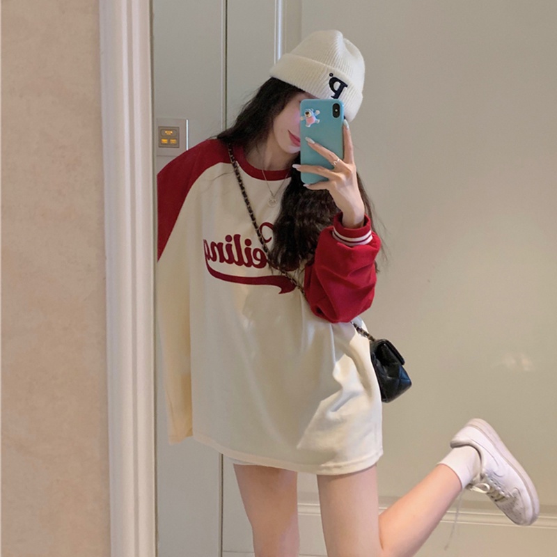 IELGY  Áo sweater Tay raglan In Chữ Phong Cách retro Mỹ Cho Nữ