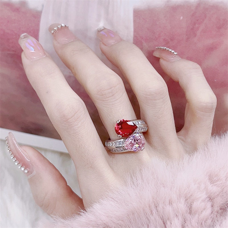 Blingbling Ring Decal Stone Zircon Rose Cherry Multi tone Niche Style Advanced Women Easy to Pair