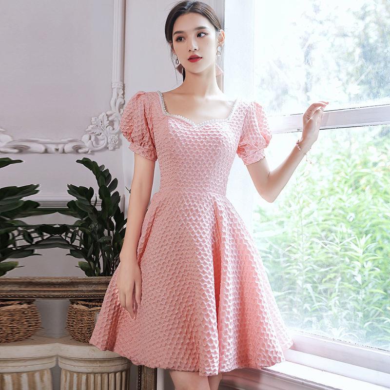 Đầm dự tiệc dáng ngắn, màu hồng sang trọng, nhẹ nhàng cho nữ, váy xòe cổ vuông thanh lịch, cao cấp, thời trang mới mùa