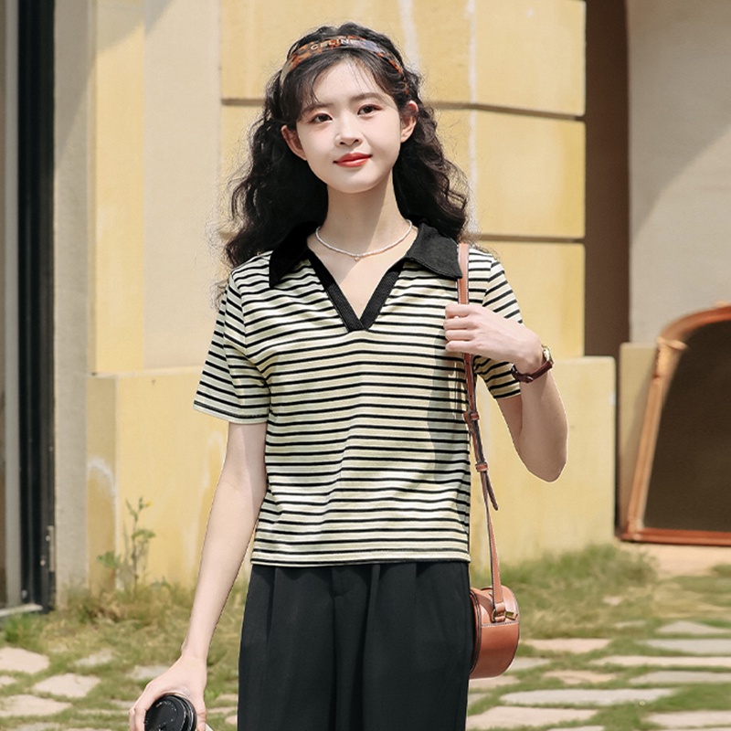 SUXI Áo polo Ngắn Tay Form Rộng Họa Tiết Kẻ Sọc Phong Cách Vintage