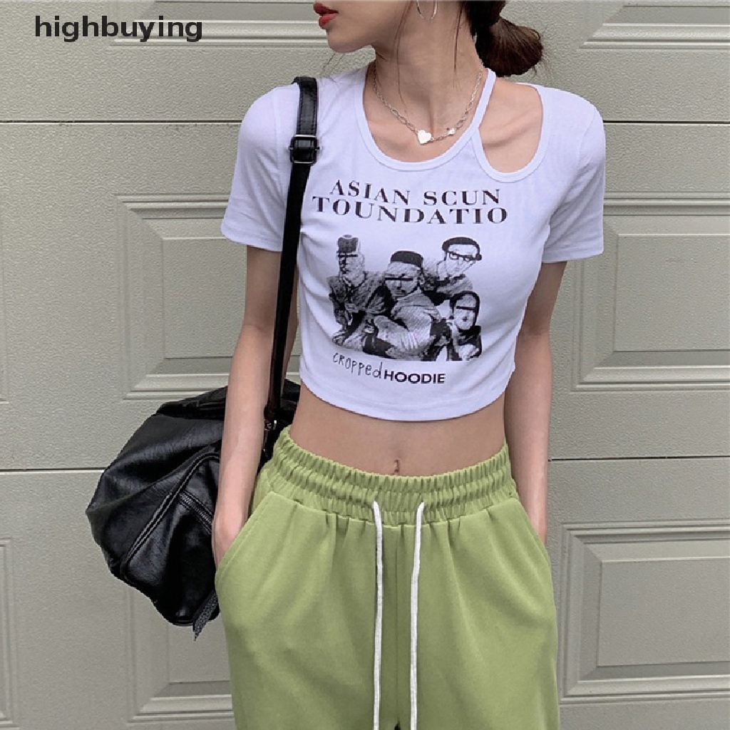 Áo Thun Lửng Ngắn Tay Cổ Tròn In Họa Tiết Phong Cách Retro Mỹ Cho Nữ