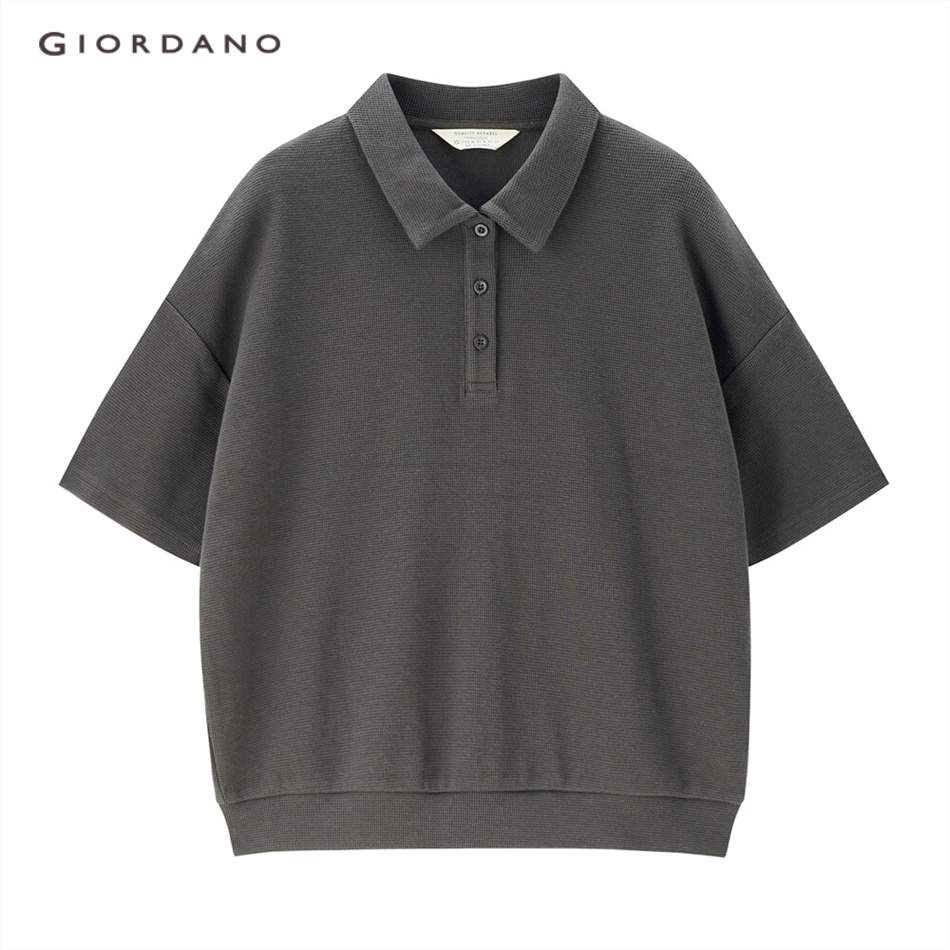 Áo polo nữ GIORDANO 05313451 dệt kim vải waffle dáng rộng tay ngắn thả vai màu trơn thời trang