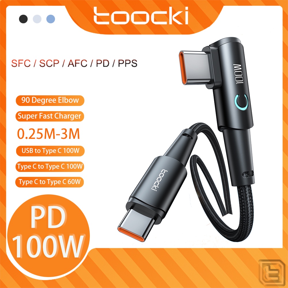 Toocki Cáp Sạc Nhanh 7A 100W USB Sang Type C USB C sang USB C Đầu 90 Độ Có Đèn Led Cho Xiaomi Samsung Laptop