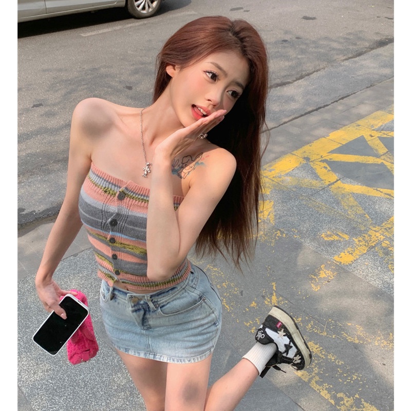 Áo Ống Mỏng Ôm Ngực Cài Nút Họa Tiết Kẻ Sọc Màu Sắc Tương Phản Gợi Cảm Cho