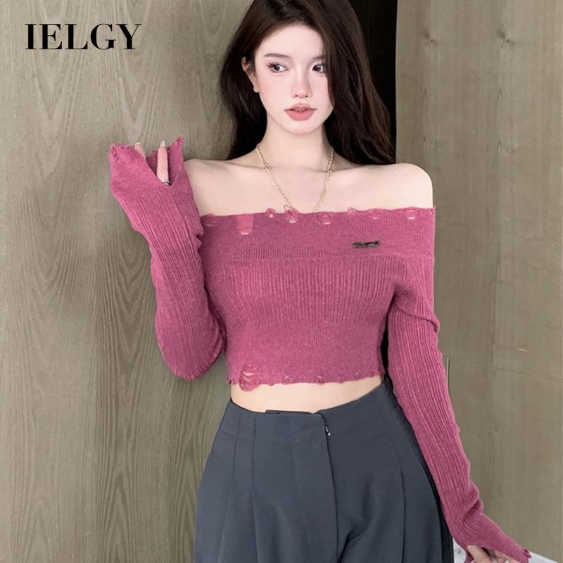 IELGY  Áo sweater Dệt Kim Tay Dài Dáng Ôm Rách Cá Tính Cho Nữ