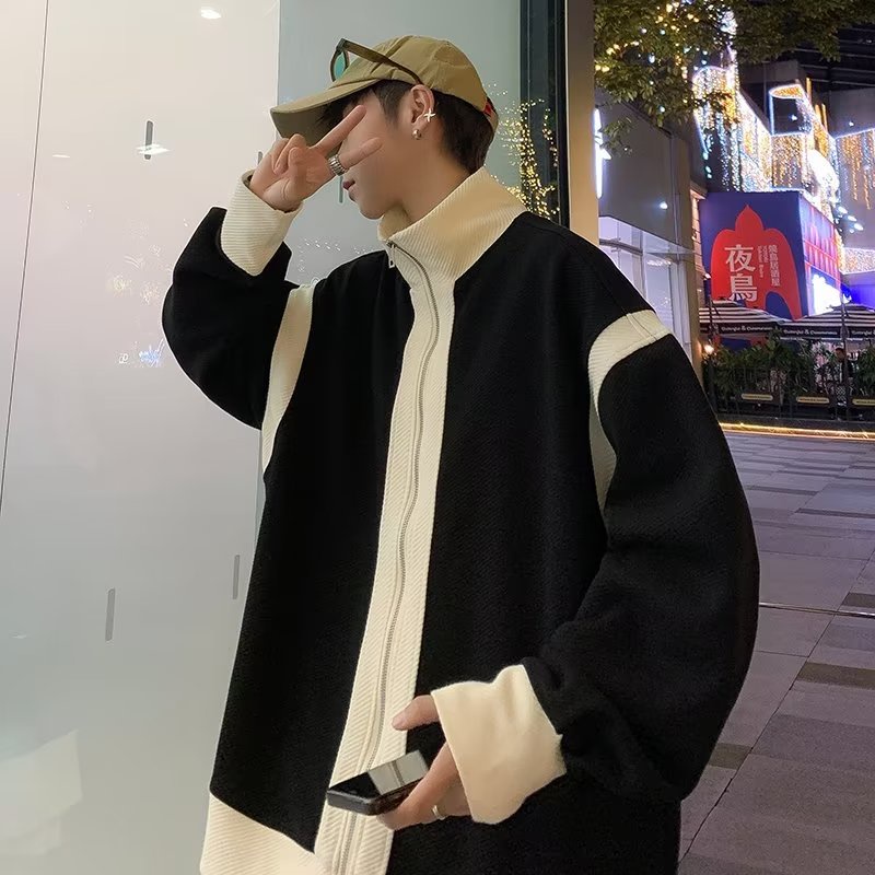 Áo Khoác Dệt Kim Dáng Rộng Phối Khóa Kéo Đôi Màu Sắc Trẻ Trung Phong Cách Hàn Quốc Cho Nam