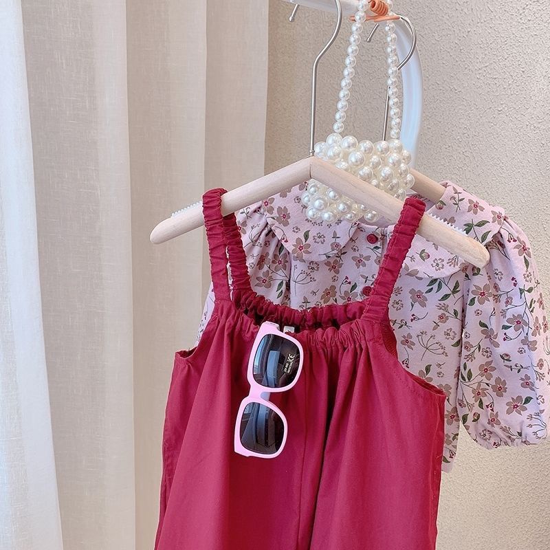 Bộ Áo Sơ Mi Tay Dài In Hoa + Quần Yếm Ống Rộng Phong Cách Hàn Quốc Thời Trang Mùa Thu Mới Cho Bé Gái
