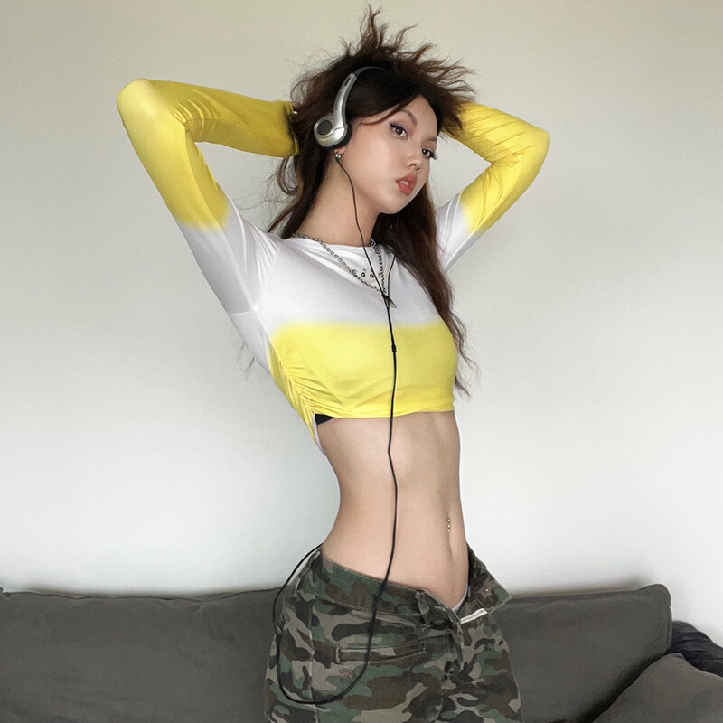 Kliou 2023 Mới Áo Thun Tay Ngắn Dáng Ôm Phối Màu Tương Phản Thời Trang Đường Phố Đơn Giản Mới 2023