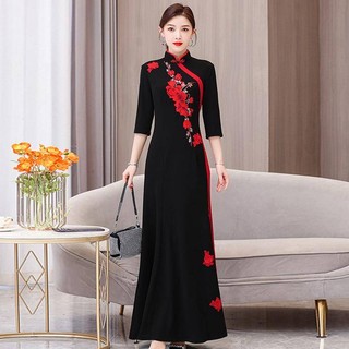 Spring and summer 2023 new ethnic style improved cheongsam fashion diagonal placket long cheongsam three-quarter sleeve dress