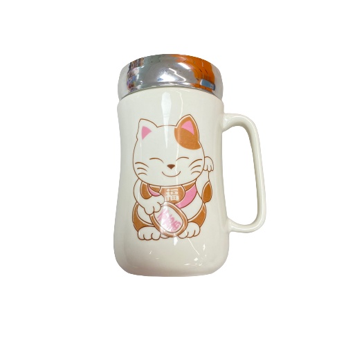 Ly Sứ Nắp Gương Có Quai Clever Box Hình Mèo Thần Tài 450ml