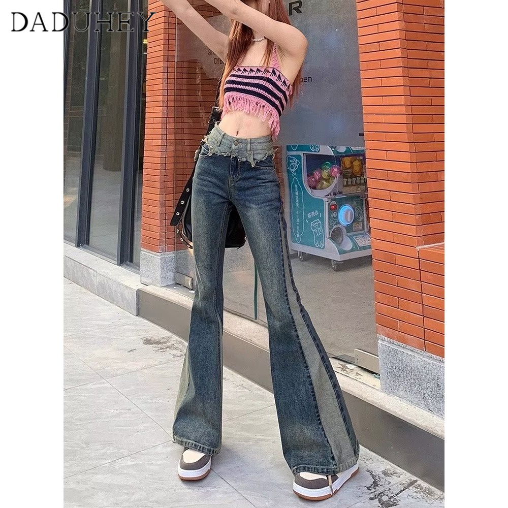 DaDuHey New Korean Version of INS Retro Jeans High Waist Stitching WOMEN'S Flared Pants Large Size Trousers