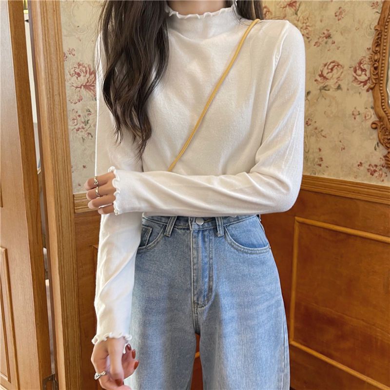 Áo Thun croptop Mỏng Tay Dài Lót Lông Cừu Cổ Cao Thời Trang Xuân Thu Phong Cách Mới Cho Nữ