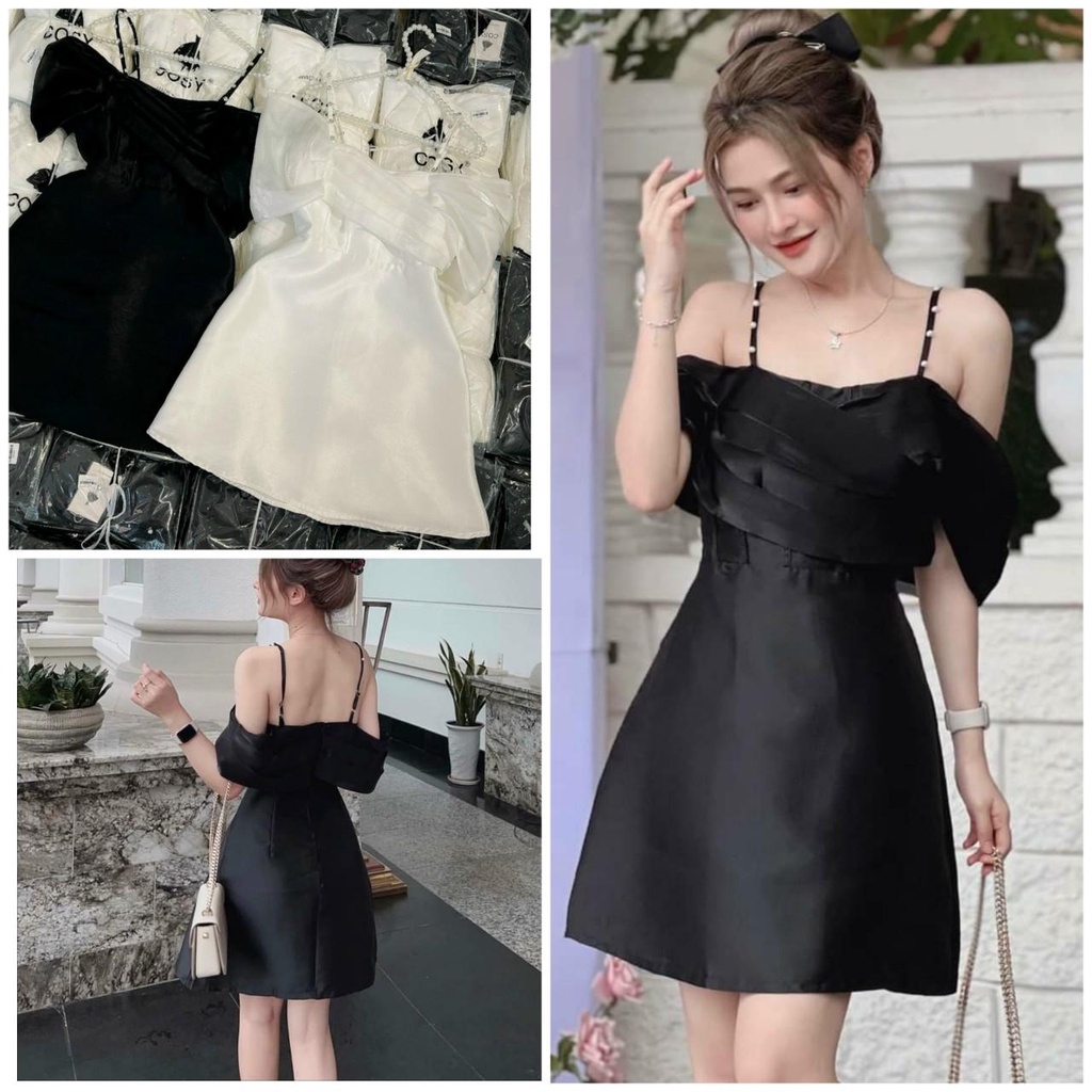 Đầm Đen Phi Lụa Trắng Đen Cao Cấp Trễ Vai Phối Dây Dự Tiệc BY8416