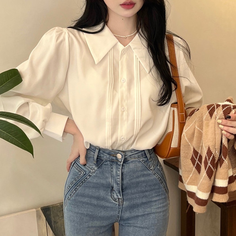 Áo Sơ Mi Tay Dài Cổ Polo Màu Trắng Phong Cách Pháp Cổ Điển Thời Trang Mùa Xuân Xinh Xắn Cho Nữ