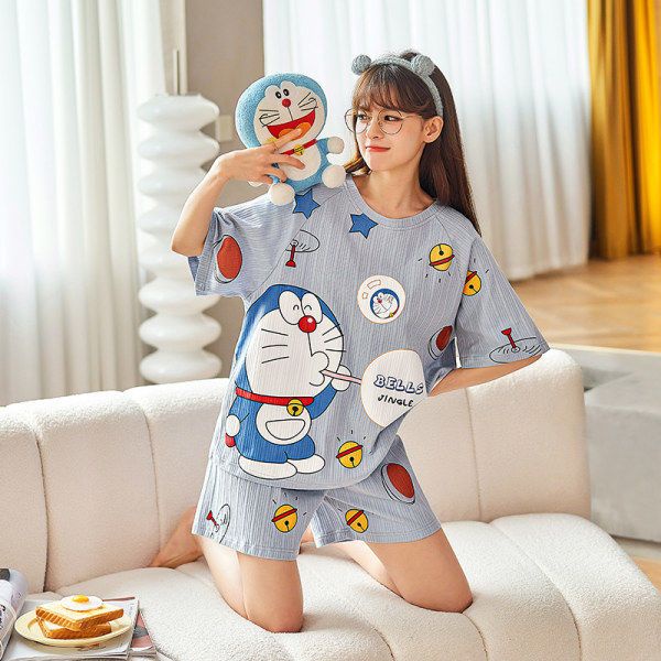 Bộ Đồ Ngủ Ngắn Tay Dáng Rộng In Hoạt Hình Mèo Máy Doraemon Dễ Thương Thời Trang Mùa Hè Cho Học Sinh Trung Học