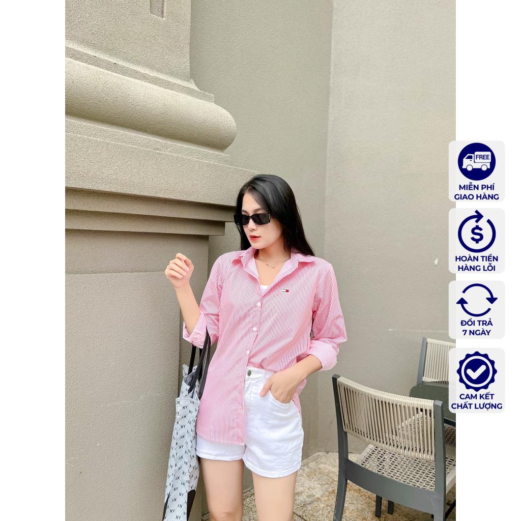 Áo Sơ Mi Tay Dài Thêu Hoạ Tiết TOMMY đỏ sọc Phong Cách Thời Trang Đường Phố