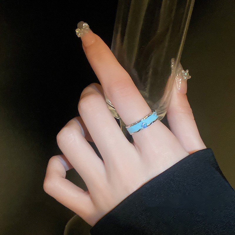 Nhẫn Hở Đính Đá Zircon Màu Xanh Dương Sang Trọng Có Thể Điều Chỉnh Cho Cặp Đôi