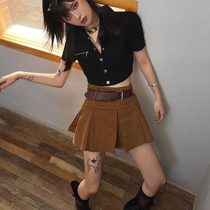 Chân Váy Chữ A Lưng Cao Màu Nâu Phong Cách Retro Mỹ