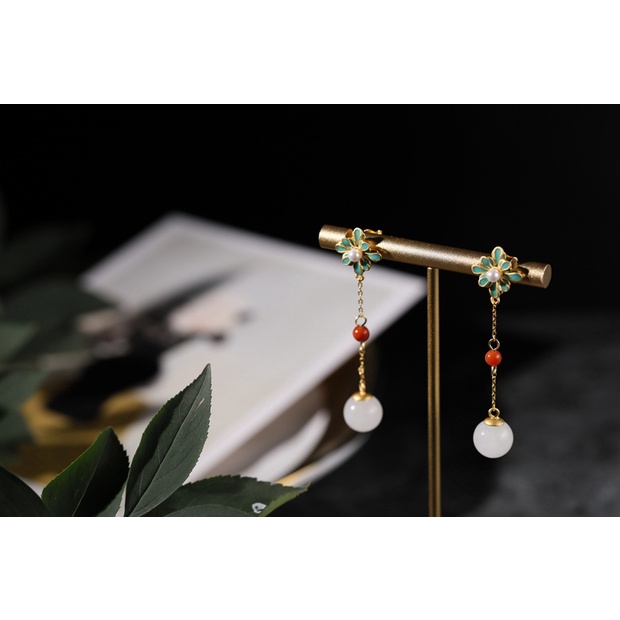 Bông Tai Mạ Bạc Mặt Tròn Đính Đá Ngọc Bích Phong Cách Dân Tộc Phương Nam Thời Trang Cho Nữ