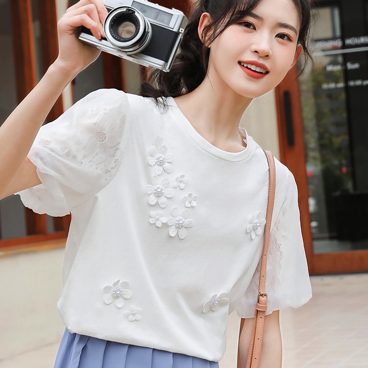 Áo Thun Cotton Tay Ngắn Phồng Phối Ren Hoa Đính Hạt Thời Trang Mùa Hè Phong Cách Mới Cho Nữ JJ