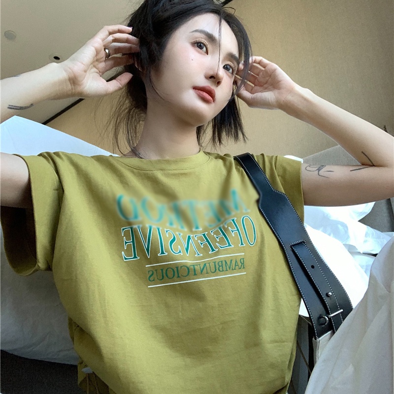 IELGY  Áo Thun Xám Tay Ngắn Phối Dây Rút In Họa Tiết Thời Trang Cho Nữ