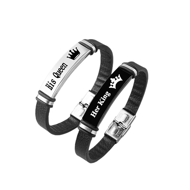 Set 2 Vòng Tay Silicone Đính Hạt Khắc Chữ Her King / His Queen Thời Trang Cho Cặp Đôi