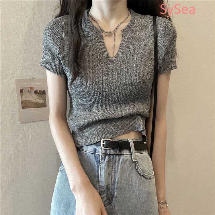 Áo Thun Dệt Kim Tay Ngắn Cổ Chữ V Thời Trang Mùa Hè Cho Nữ