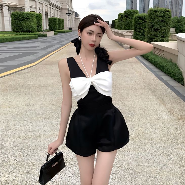 Bộ Áo Liền Quần Sát Nách Màu Trắng Đen Đính Nơ Tháo Rời Được Thời Trang Mùa Hè Cho Nữ