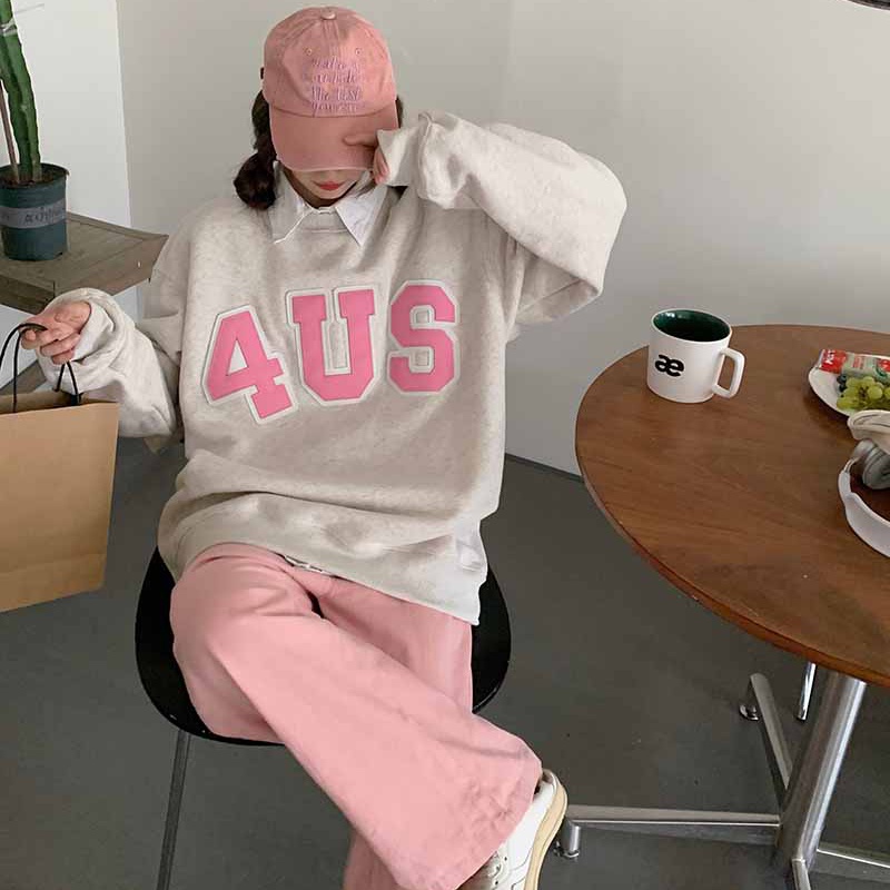 IELGY   Áo Thun Tay Dài Dáng Rộng In Chữ Phong Cách Hàn Quốc Dễ Phối Đồ Thời Trang Cho Nữ