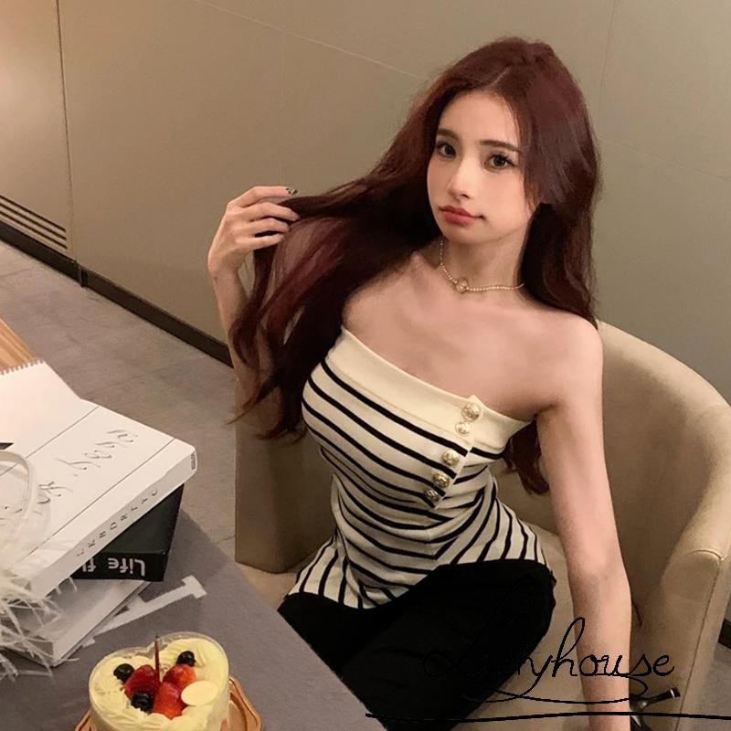 Áo Ngắn Không Dây Dệt Kim Họa Tiết Kẻ Sọc Thời Trang Dành Cho Nữ