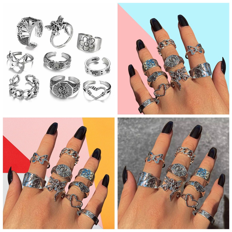 Set 9 Nhẫn Bạc Cổ Điển Nhiều Màu Sắc Phong Cách Bohemian