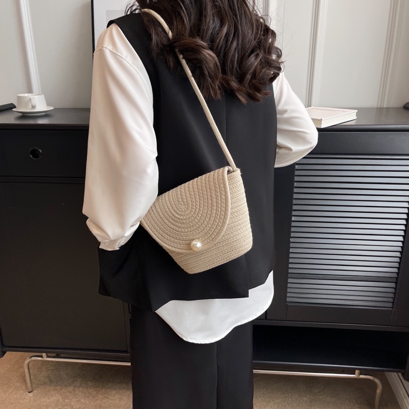 Túi Đeo Chéo Đan Lát Phối Ren Màu Tím Dễ Thương Thời Trang Cho Nữ