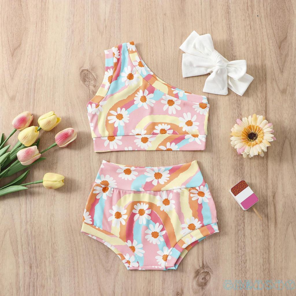 Bộ Đồ Bơi 3 Mảnh Không Tay In Họa Tiết Cầu Vồng Dành Cho Bé Gái