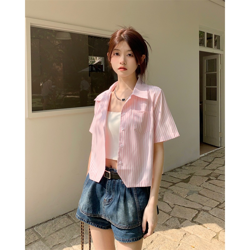 Lalisas Áo Sơ Mi Ngắn Tay Họa Tiết Kẻ Sọc Thời Trang Hàn Quốc Dành Cho Nữ