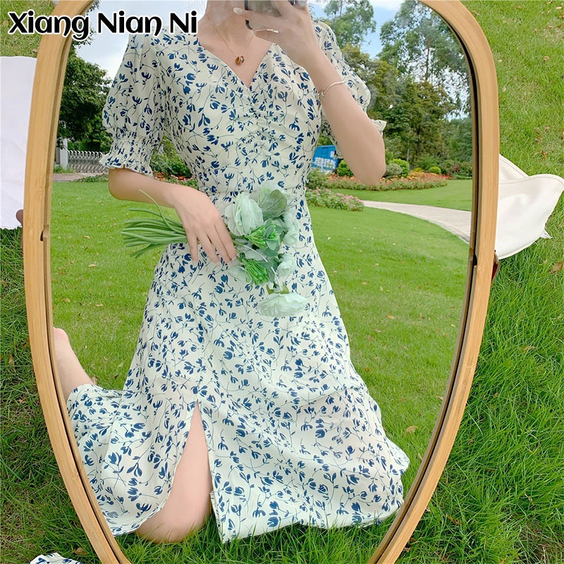 Đầm hoa Xiang Nian Ni tay ngắn cổ chữ V xẻ tà thời trang mùa hè cho nữ