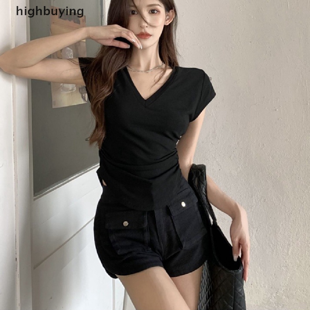 Áo Thun Tay Ngắn Cổ Chữ V Màu Sắc Đơn Giản Cho Nữ