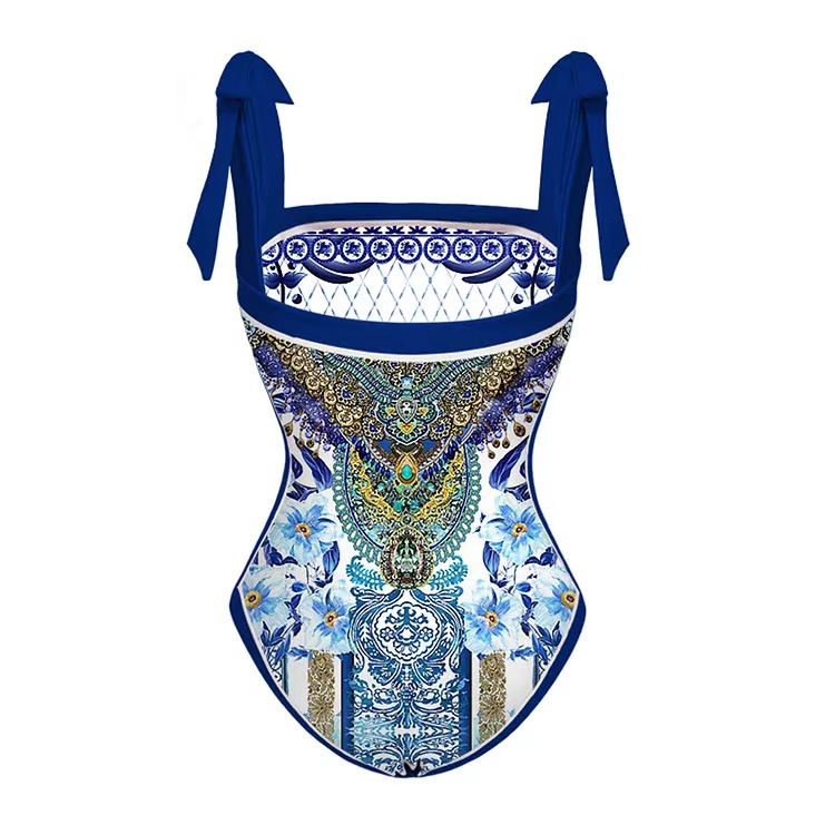 Bộ Đồ Bơi Một Mảnh In Họa Tiết Gốm Sứ Kèm Chân Váy Dành Cho Nữ